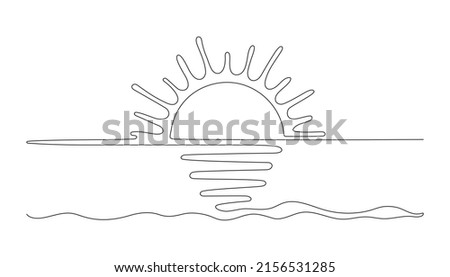 Sun on sea beach one black continuous line, sunset and sunrise outline. Nature landscape with sunshine on coast. One line drawing. Vector illustration