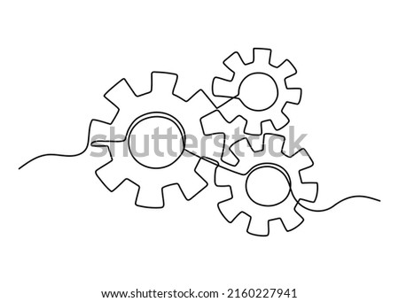 Gears wheel symbol technology, continuous one line drawing. Moving cog gears for business teamwork concept. Contour single outline. Vector illustration