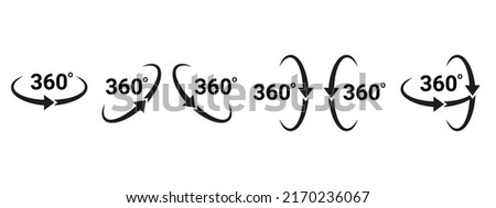 360 degrees arrow, rotate around set icon. Circle signs vertical, horizontal and diagonal view with arrows rotation to 360 degrees. Virtual reality. Rotate cycle, circular moving symbol. Vector