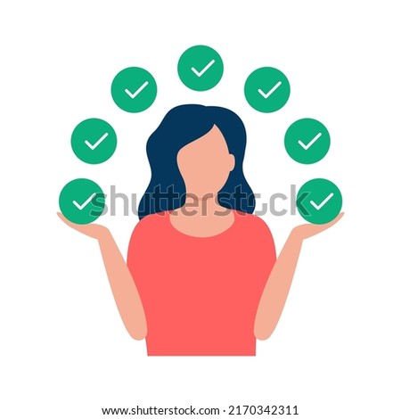 Woman in balance, control in complete done. Knowledge, competence and experience ability to do. Skills and effective attitude with learning and self development. Putting check mark, tick. Vector