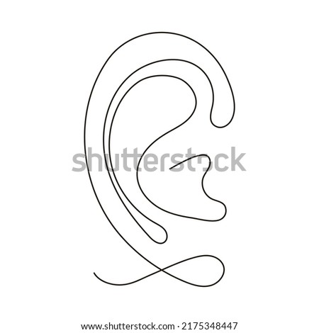 Ear outline, hear icon, one art line continuous drawing. Hear, listen, eavesdrop. Silhouette ear in minimalism single outline draw. Vector contour illustration