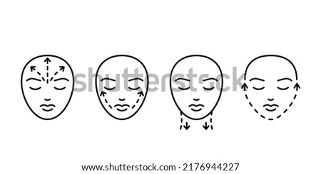 Face medical beauty plastic procedure of cheek, chin, forehead and neck, line icon. Set facelift, aesthetic contour. Plastic surgery, lifting contour skin. Vector illustration