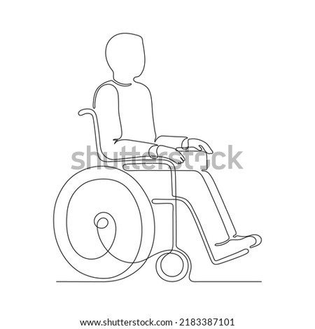 Disabled person on wheelchair outline, continuous one art line drawing. Care and assistance in moving old or injured patient. Single hand drawn, doodle. Chair for disability transportation. Vector