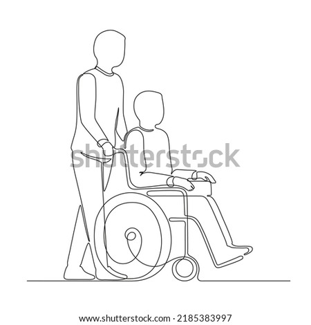 Disabled person on wheelchair and assistance volunteer, continuous one art line drawing. Care and help in moving old injured patient. Single hand drawn. Disability transportation. Vector outline
