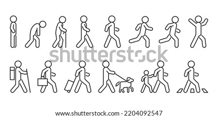 People walk and run, line icon in different posture side view. Person various action poses set. Stand, walk, run, travel, crosswalk, with dog and child. Vector outline illustration