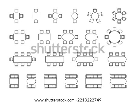 Set of plan for arranging seats couch and tables in interior, layout graphic outline elements. Chairs and tables signs in scheme architectural plan. Office and home furniture, top view. Vector line