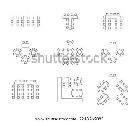 Plan for arranging seats and tables in interior on event banquet, layout graphic outline elements. Chairs and tables signs in scheme architectural scheme. Furniture, top view. Vector line illustration