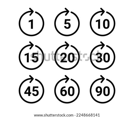 Time and clock, timer of circle arrow with number icon set. Sign one minute, five, ten, fifteen or more minutes. Circular loop indicates deadline or cooking time, countdown. Vector illustration