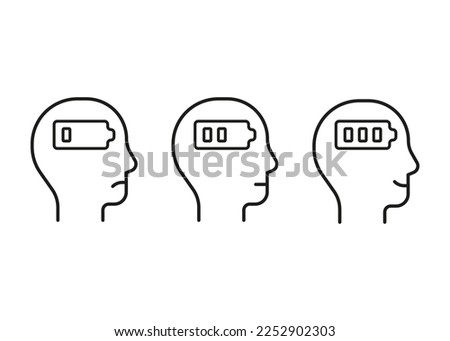 Set level energy person with battery from low tired in full happy, line icon. People with low charge and lack battery energy and human strong power sign with high energy. Burnout, stress. Vector