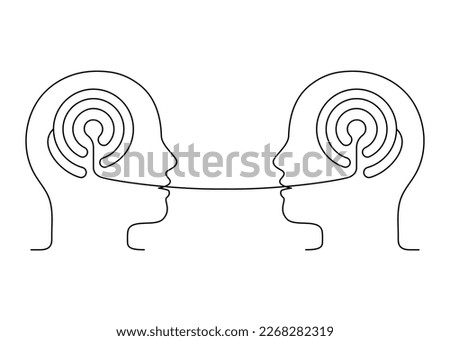 People talk, logic speech, understanding conversation, outline. Maze logic thinking brain. Psychotherapy communication. Conversation two person, dialog speak. Vector continuous line