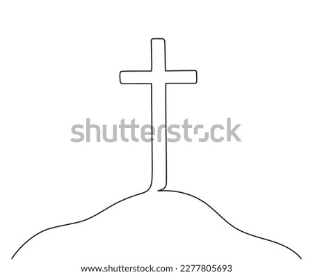 Catholic cross on hill, continuous single line drawing. Traditional religion symbol. Church sign cross one line art hand drawn. Vector illustration
