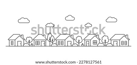 Neighborhood small house, line art. Street building, real estate architecture, apartment. Facade home in country city landscape. Vector outline illustration