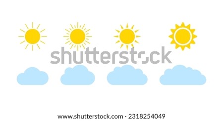 Sun and cloud on sky set, weather icon. Simple flat style of different sun and clouds. Graphic element collection. Vector illustration