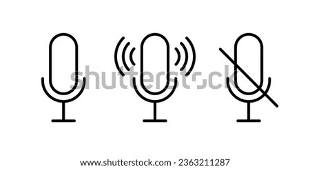 Microphone, broadcasting and prohibited microphone line icon set. Open and off sound, no record. Forbidden mic symbol. Vector sign