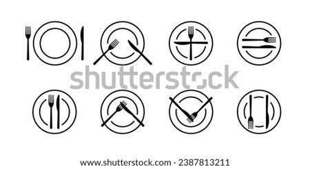 Arrangement of cutlery in table etiquette sign. Language of cutlery, eating rules. Plate, fork and knife for food icon. Rules, table manners. Tableware sign in cafe or restaurant. Vector illustration