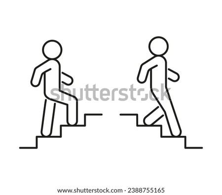 Stairs up and down person, line icon. Stairway, steps direction sign. Moving upstairs and downstairs, rise and descend. Editable stroke. Vector illustration