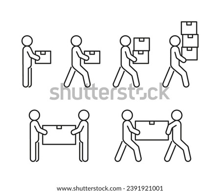 Box delivery, person move cargo, line icon set. Courier with package, relocation. Transfer weight. Vector illustration