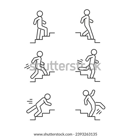 Stairs up and down person walk, run and fall, line icon set. Stairway, steps direction sign. Safe moving upstairs and downstairs, rise and descend. Editable stroke. Vector illustration