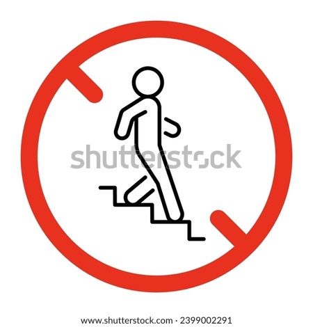 Prohibited stairs down person, entry for people, stop line sign. Symbol moving downstairs, descend of person forbidden. Restricted to downward stairs. Vector symbol