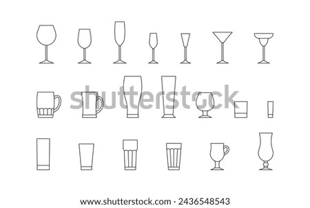 Glass cup for alcohol drink, line empty icon set. Beverage and cocktail in beer mug, wineglass, cup and other drink glassware. Outline sign of glass utensil, editable stroke. Vector illustration