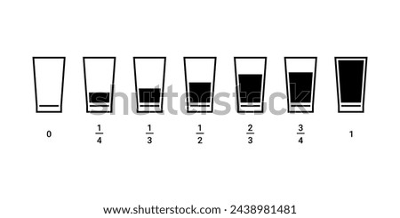 Glasses of water with different fraction measure, icon set. Simple signs different levels of water. Full, half full, empty glass. Vector illustration