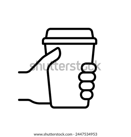 Hand holding take away coffee in reusable cup, line icon. Takeaway drink in paper mug. Coffee to go. Vector outline illustration