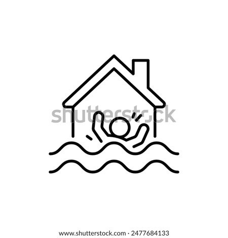 Flood, natural disaster, house and people in water, line icon. Countryside area with flooded building. Water stream flow at street with cottage house. Rescue person. Vector illustration