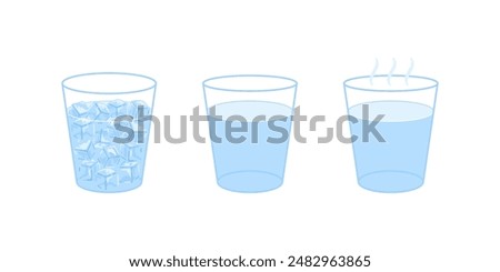 Ice cube, simple and hot with steam in glass. Different temperature of water. Frozen, gaseous vapor state of water. Vector illustration