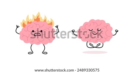 Brain with fire, burnout on stress and happy healthy with meditation yoga relax, cute child character. Intense brain activity from overwork, tension and balance in pose lotus, keep calm. Vector