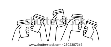 Hands of group people holding coffee in reusable cup, simple line. Together clink on break time. Fast take away drink. Takeaway drink in mug, coffee to go. Coffee lover. Vector illustration