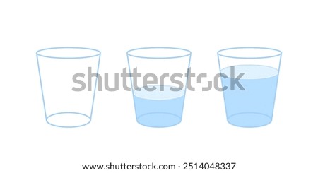 Glasses of water with different measure full, half full, empty glass set. Different levels of water. Vector illustration