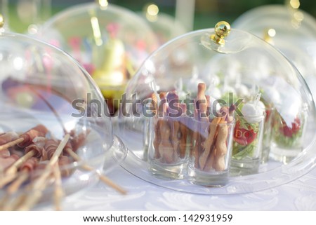 Luxury food and drinks on wedding table. Different sort of canape for a self service buffet