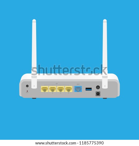 wireless router back view with port connected isolated design on blue back ground