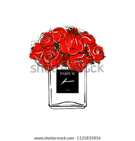 Hand drawn vector illustrations - french perfume. Outline design elements. Fashion sketch. Glass bottles floral with red flowers. Perfect for invitation, greeting card, poster, print etc.