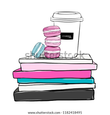 Stack of cute colorful Macaroons and with coffee cup on fashion magazines books. Hand drawn beautiful girls concept with stack of books, fashion magazines, macaron cakes. Fashion vector illustration