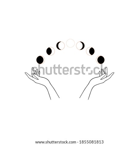 Moon phases icon night space astronomy and nature moon phases sphere shadow. The whole cycle from new moon to full moon with woman hands one line draw. Vector emblem in a minimal linear style.