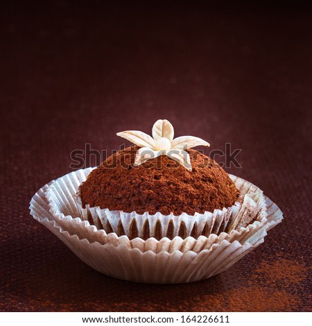 Homemade cupcake decorated with sugar flower and cocoa powder. Selective focus