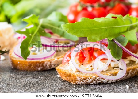 Open sandwich with feta cheese, radish, tomatoes and onion rings. Selective focus.