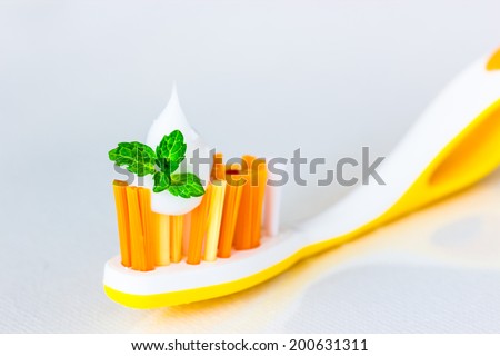 Colorful tooth brush with tooth paste and fresh mint leaf. Selective focus. Copyspace for your text.