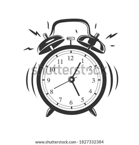 Alarm clock isolated on white background. Vector illustration. Black and white vector object.