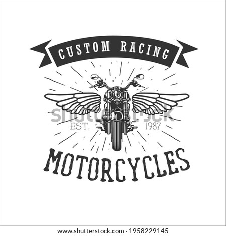 Logo of motorcycle, vintage illustration. Racing motorcycle illustration, design elements. Black and white vector illustration.