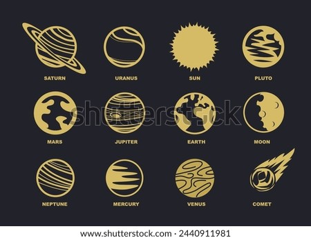 Set of icons of the earth, sun and planets. Monochrome illustration.