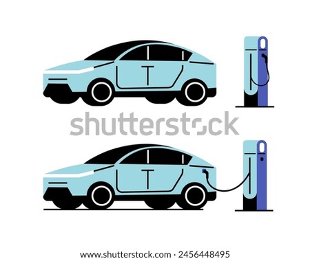 Blue electric car charging, side view. Electric car charging station.