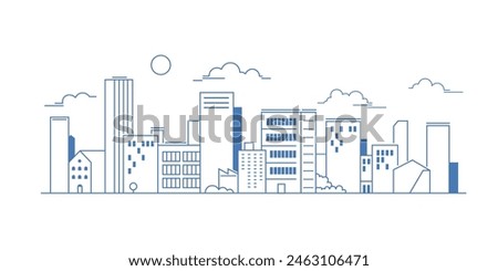 City landscape with buildings. Towers and buildings in modern flat style. Outline graphic. Line urban backdrop.