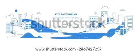 City landscape with buildings. Towers and buildings in modern flat line style on white background. Abstract horizontal banner and background with copy space for text.