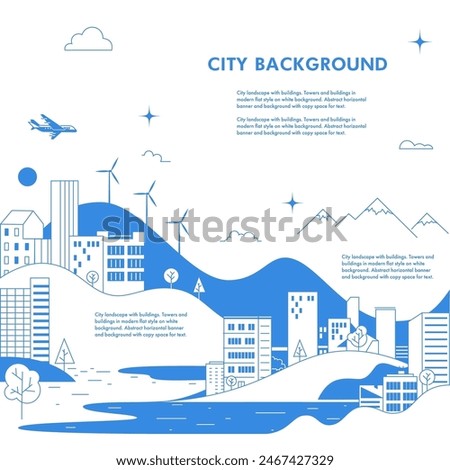 City landscape with buildings. Towers and buildings in modern flat line style on white background. Abstract horizontal banner and background with copy space for text.