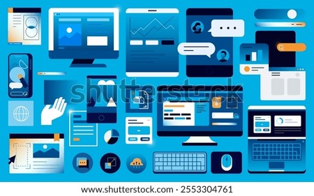 Devices and digital interfaces. Computer, laptop, smartphone smart devices and and digital interface connected together; apps, online services and user interfaces.