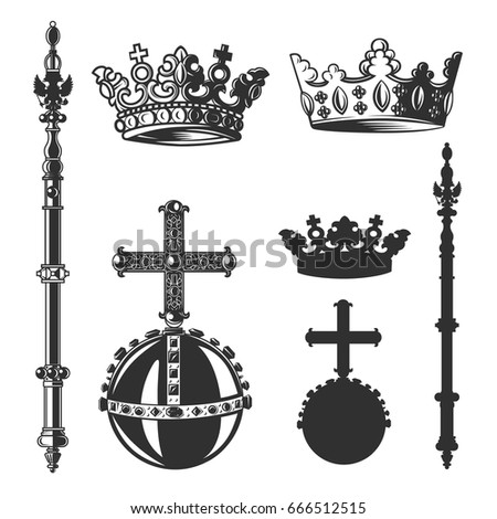 Heraldic symbols, monarch set. Vector illustration. Black and white vector objects.