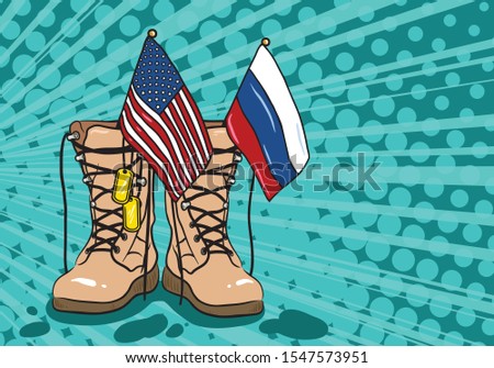 
US and Russian trade relations, cooperation strategy. USA flags of America and China in army boots. The crisis and the confrontation of forces in the bright colors of pop art