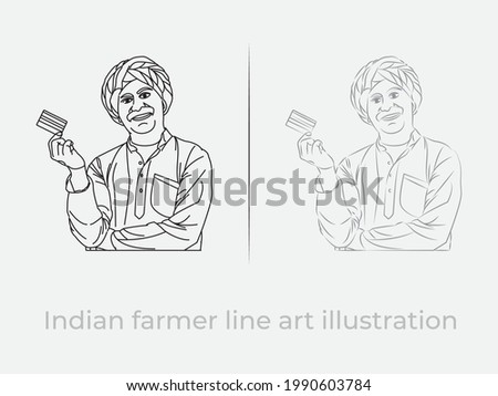 Indian farmer with Debit or Credit card line art illustration vector symbol
